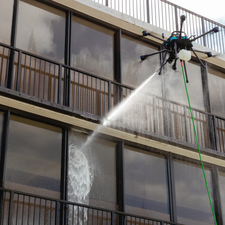 Drone cleaning an elevated building exterior